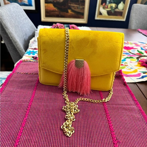Boden Yellow and Pink Velvet Tassle Bag - Picture 2 of 9